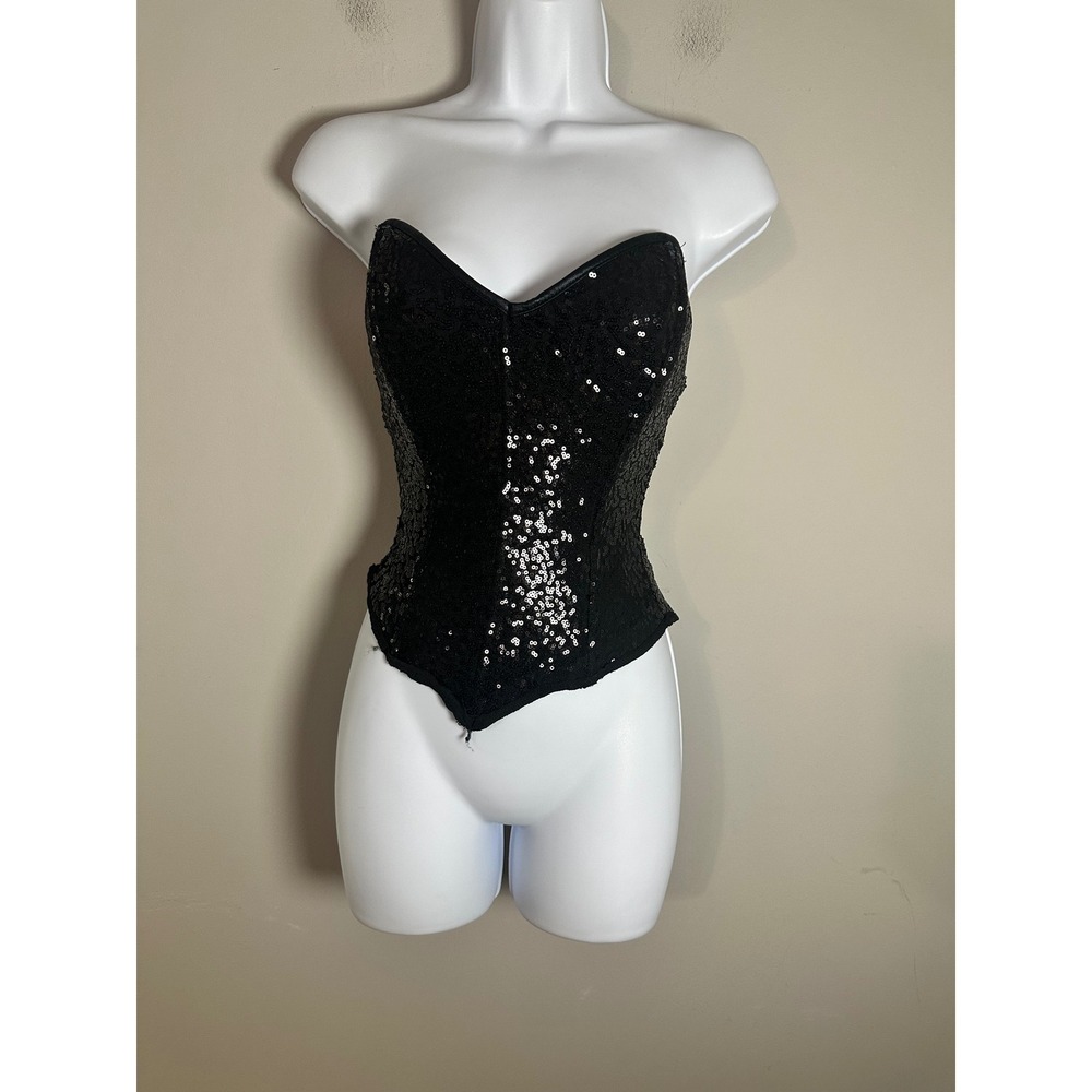 Leg Avenue Women Black Sequin Corset Top Sweetheart Neck Medium Strapless Zipper